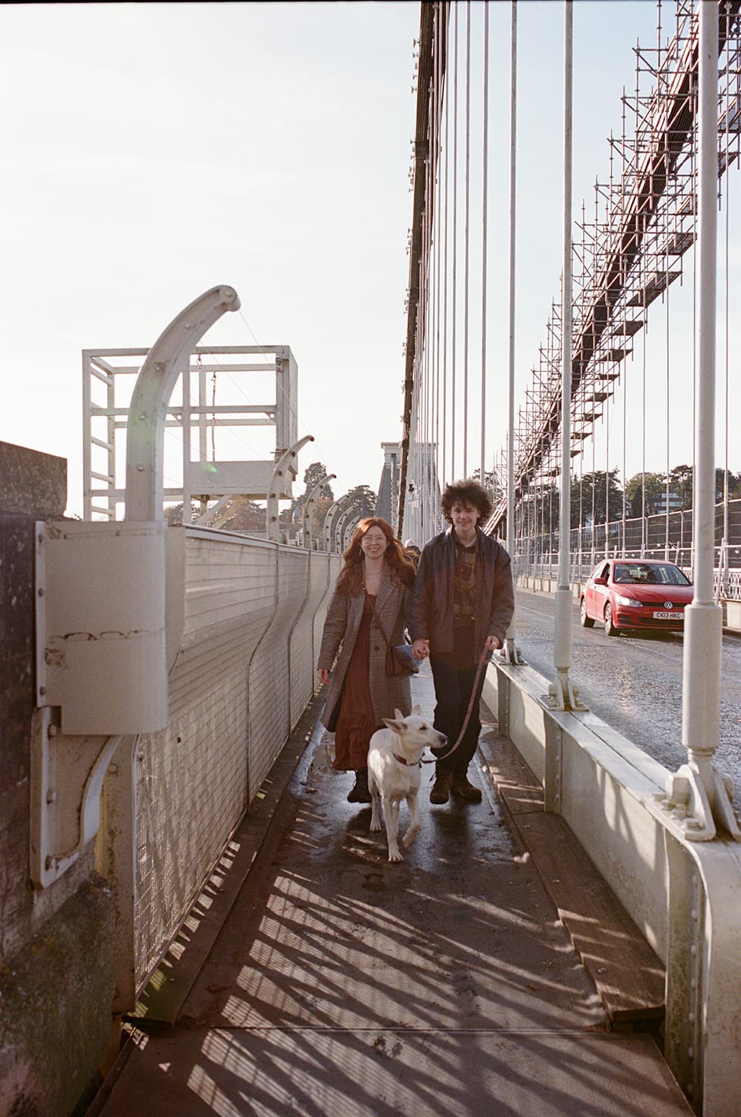 Two people walking a white dog on a bridge sidewalk, with cars and suspension cables visible.